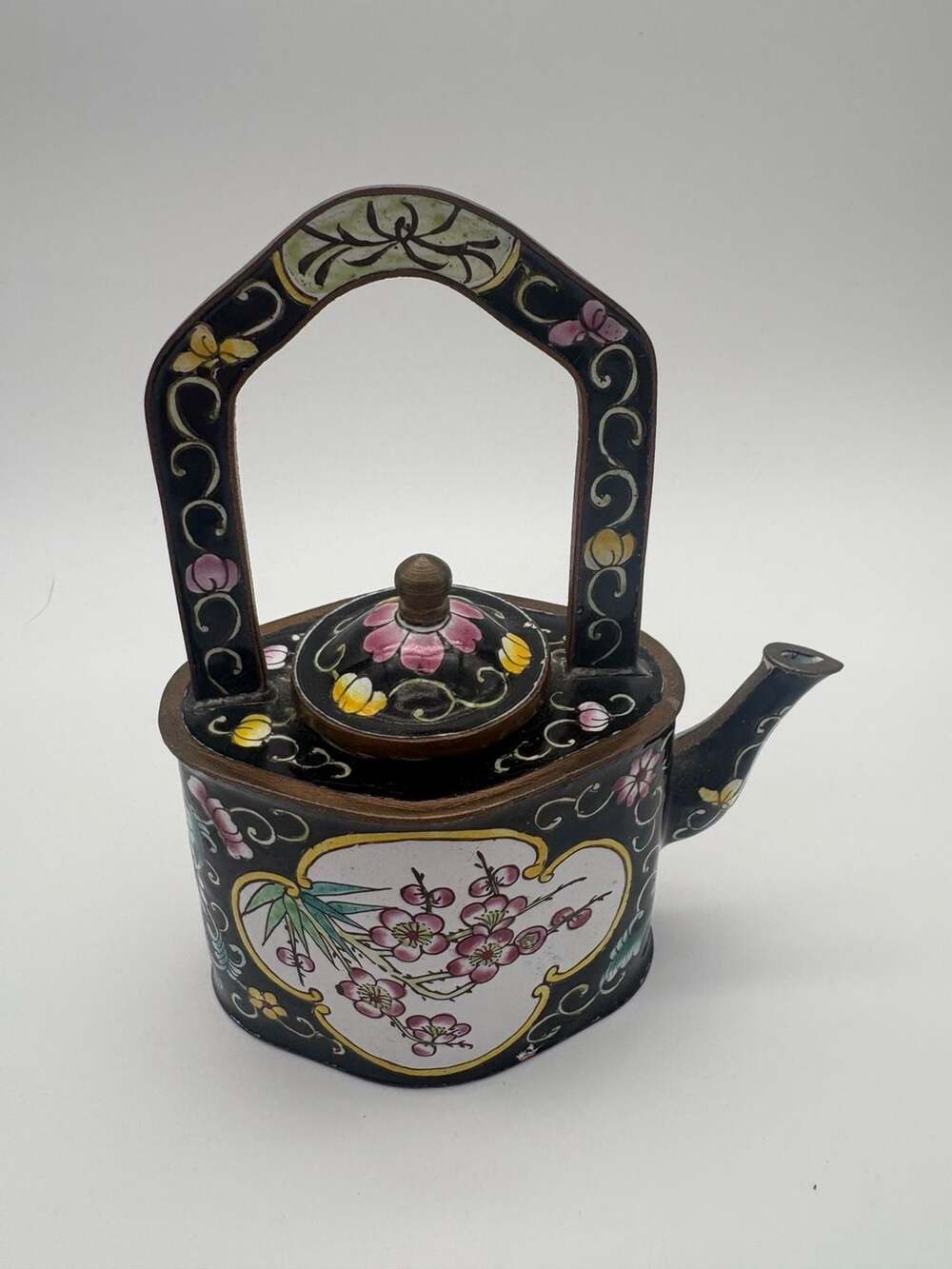 Asian Collection Vintage Miniature Enamel Teapot Black Floral Cherry Blossom
